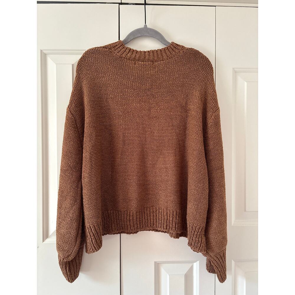 Zenana Balloon Sleeve Knit Sweater Women’s S/M Brown Crew Neck NWT Cozy Soft - Picture 4 of 7